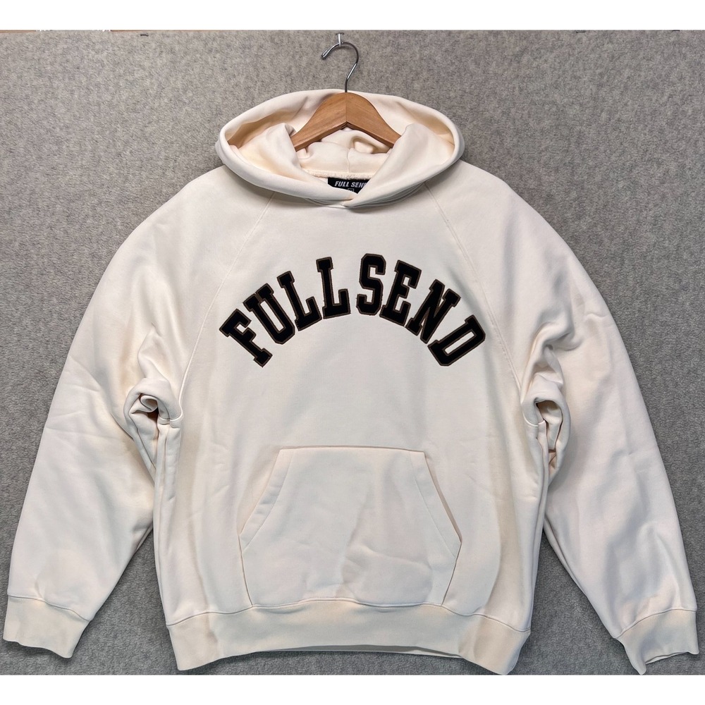 FULLSEND Mens Pullover Hoodie Sweatshirt Ivory Fleece Logo Spellout Cozy Soft M